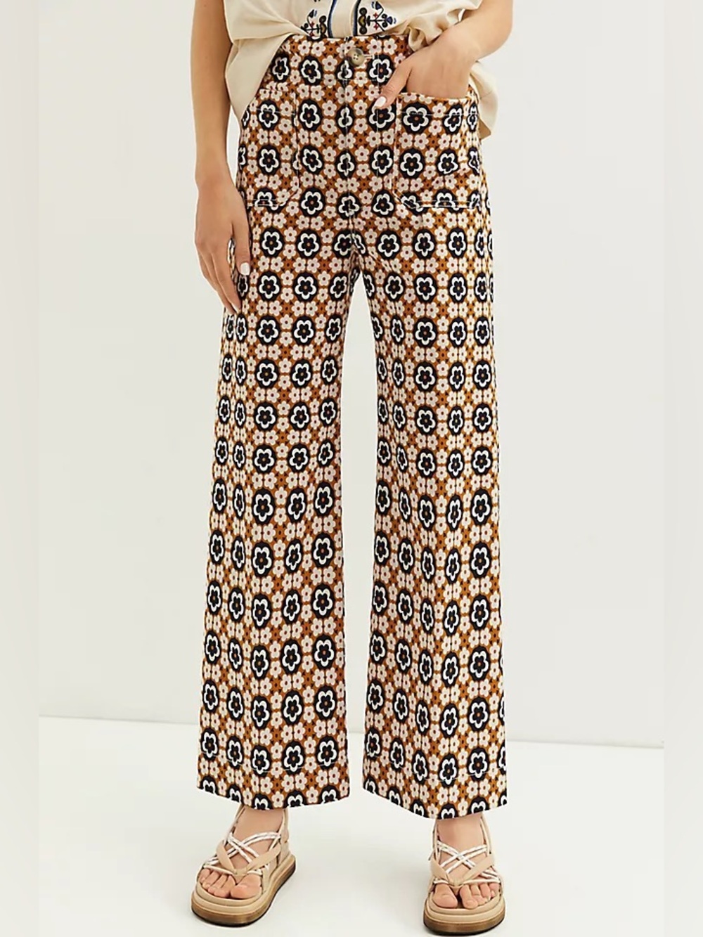 Maeve Anthropologie Colette Cropped Wide Leg Retro Daisy Geometric Pants Sz 30T
